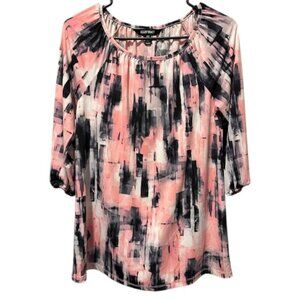 Ellen Tracy Pink Gray Black Abstract Blouse 3/4 Sleeves Office Top Oversized XS